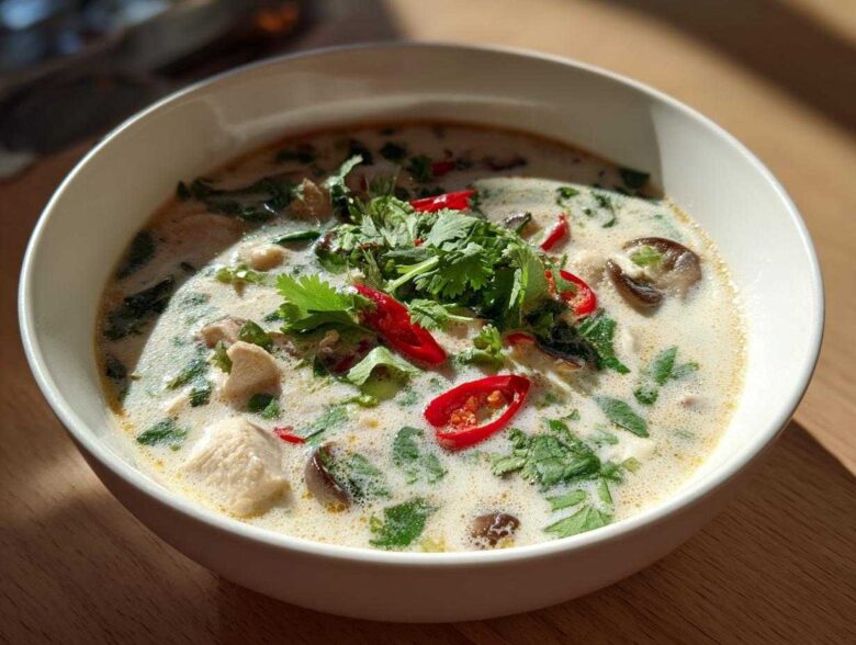 A close-up of a white bowl filled with creamy Lemongrass Coconut Chicken Soup, topped with cilantro and red chili slices.