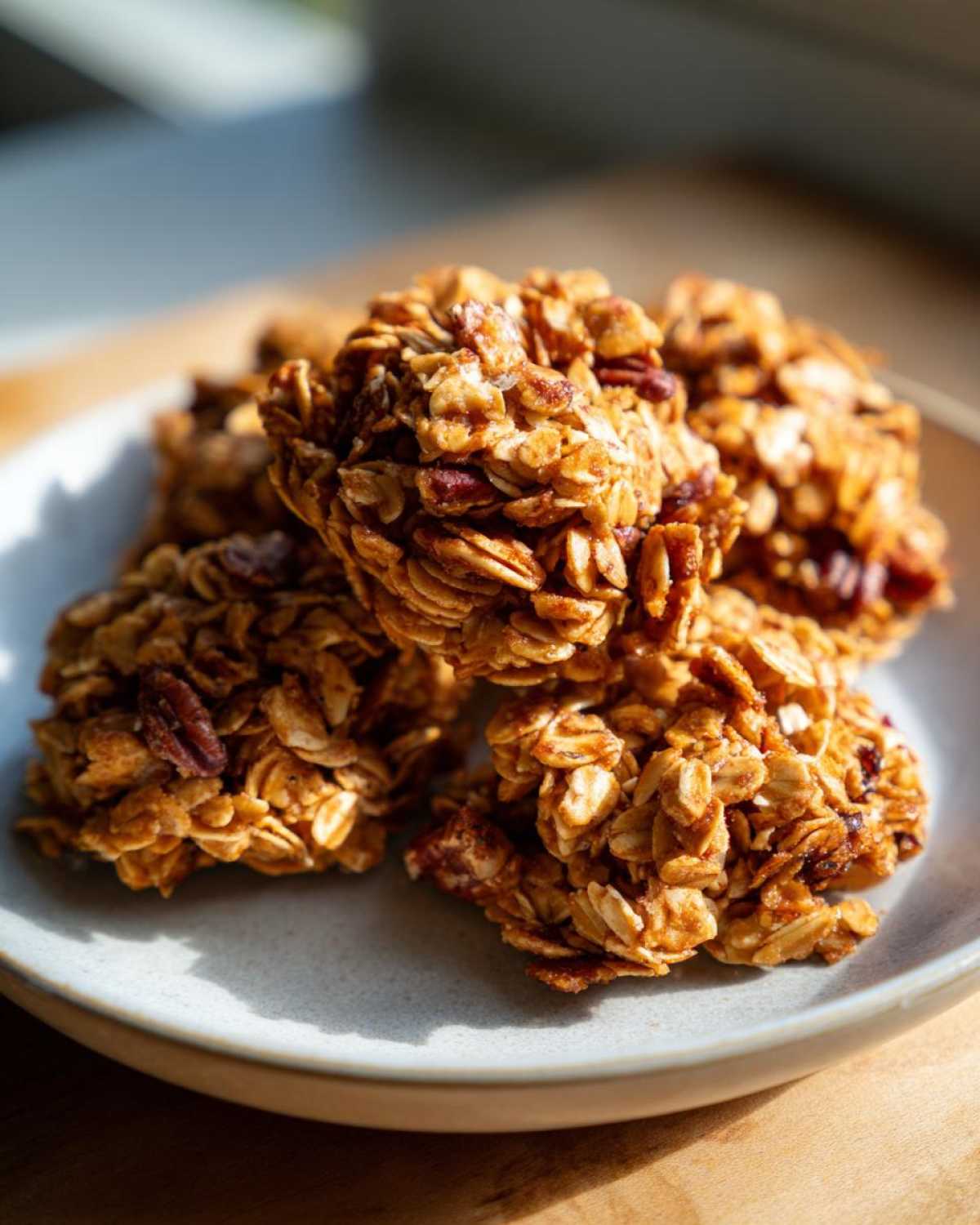 Close-up of golden Maple Pecan Granola Clusters stacked on a light gray plate, catching bright sunlight.