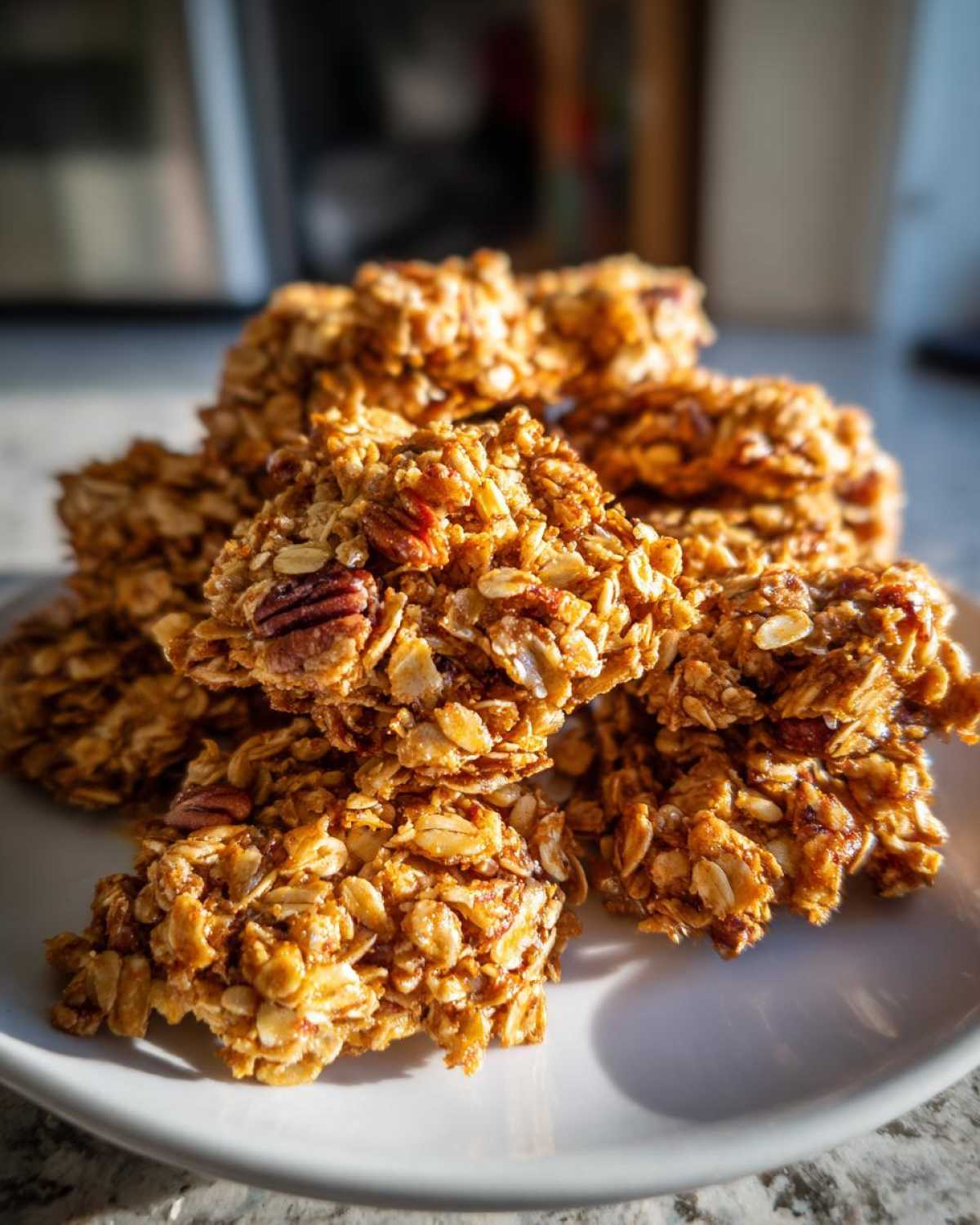 A stack of golden brown Maple Pecan Granola Clusters, featuring visible oats and pecans, resting on a white plate.
