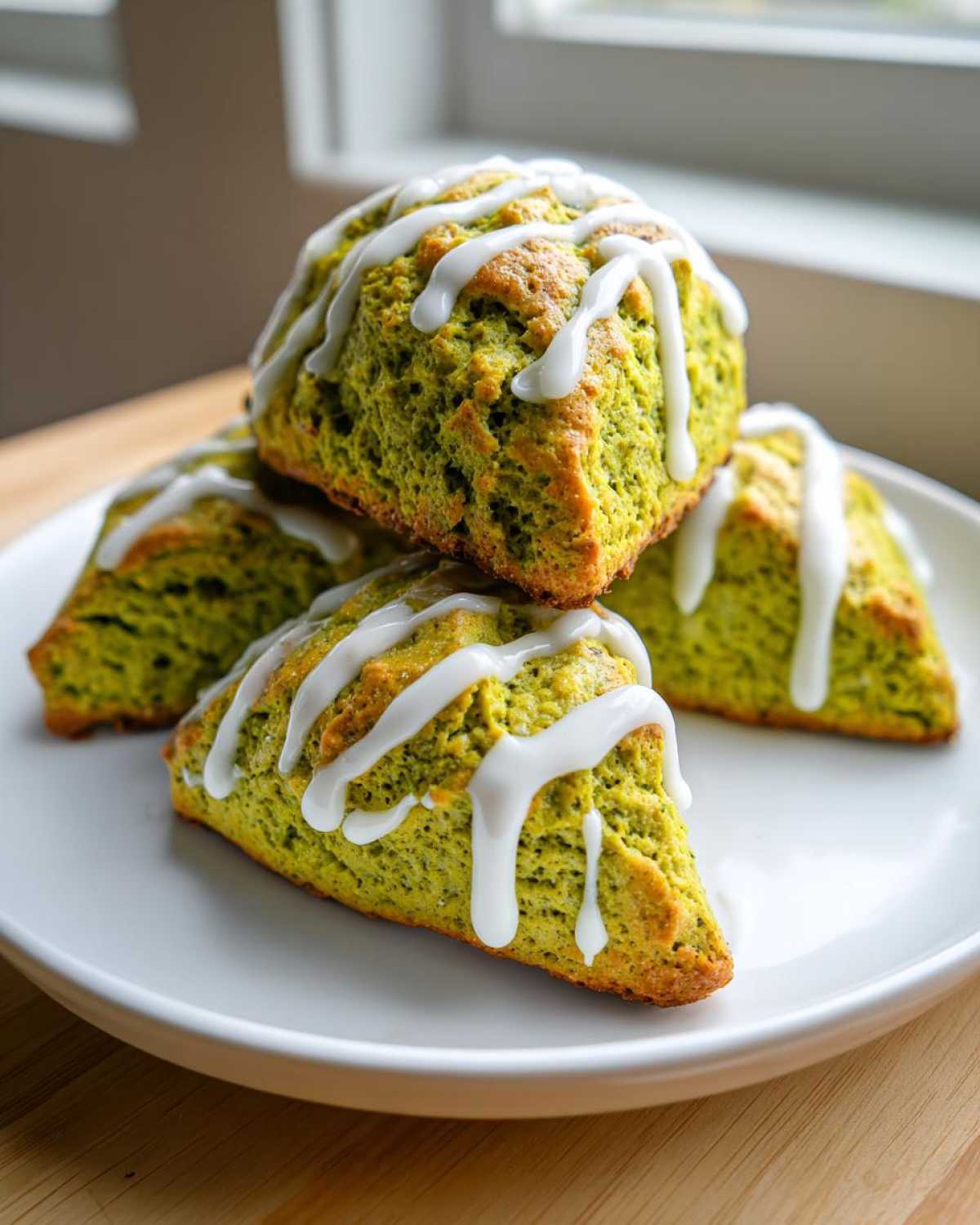 A stack of four vibrant green Matcha White Chocolate Scones drizzled generously with white icing.