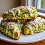 Close-up of several freshly baked Matcha White Chocolate Scones drizzled generously with white icing.