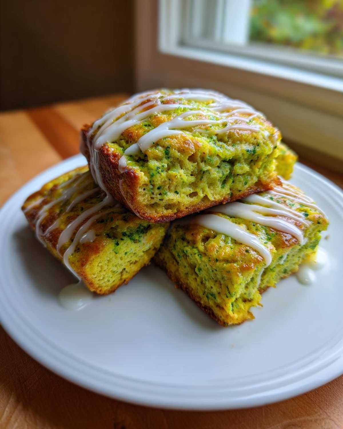 Close-up of three stacked Matcha White Chocolate Scones drizzled with white icing on a white plate.