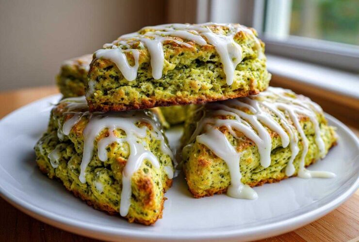 Close-up of several freshly baked Matcha White Chocolate Scones drizzled generously with white icing.