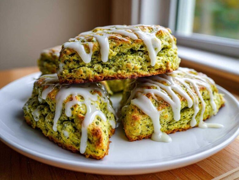 Close-up of several freshly baked Matcha White Chocolate Scones drizzled generously with white icing.