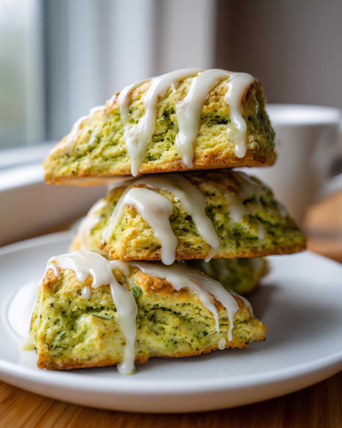 A vertical stack of three vibrant green Matcha White Chocolate Scones drizzled with thick white icing.