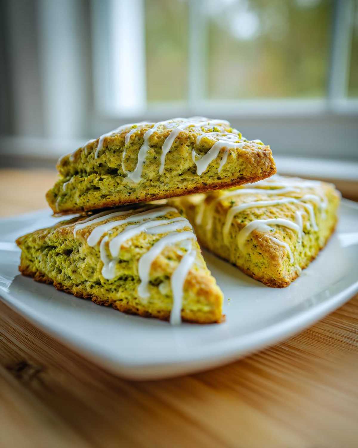Three triangular Matcha White Chocolate Scones stacked on a white plate, drizzled with white icing.