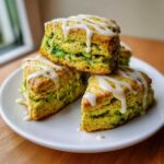 Three stacked, bright green Matcha White Chocolate Scones drizzled generously with white icing glaze on a white plate.