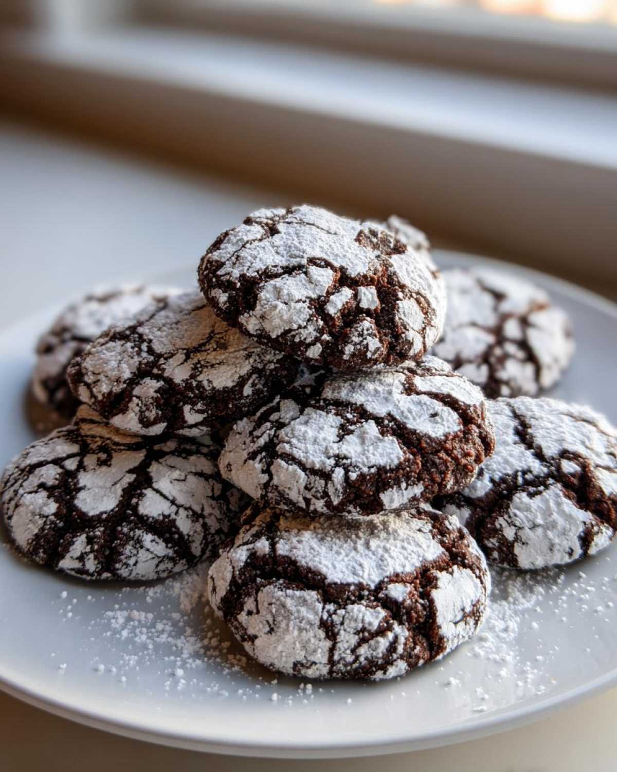 A stack of rich, dark Mexican Chocolate Crinkle Cookies heavily dusted with white powdered sugar on a white plate.
