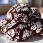 Close-up of several rich, dark Mexican Chocolate Crinkle Cookies heavily dusted with cracked powdered sugar on a white plate.