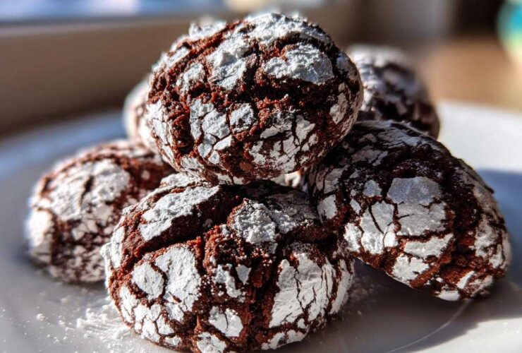 Close-up of several rich, dark Mexican Chocolate Crinkle Cookies heavily dusted with cracked powdered sugar on a white plate.