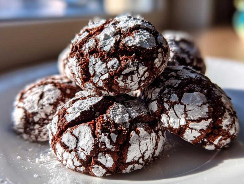 Close-up of several rich, dark Mexican Chocolate Crinkle Cookies heavily dusted with cracked powdered sugar on a white plate.