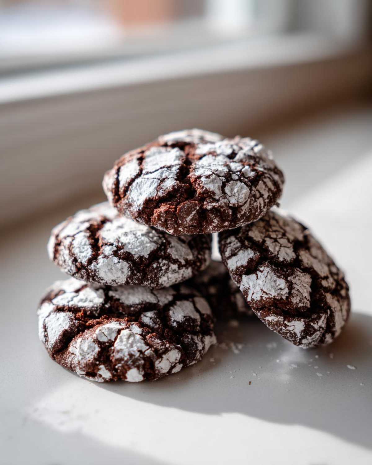 A small stack of rich, dark Mexican Chocolate Crinkle Cookies heavily dusted with white powdered sugar, sitting on a light surface.