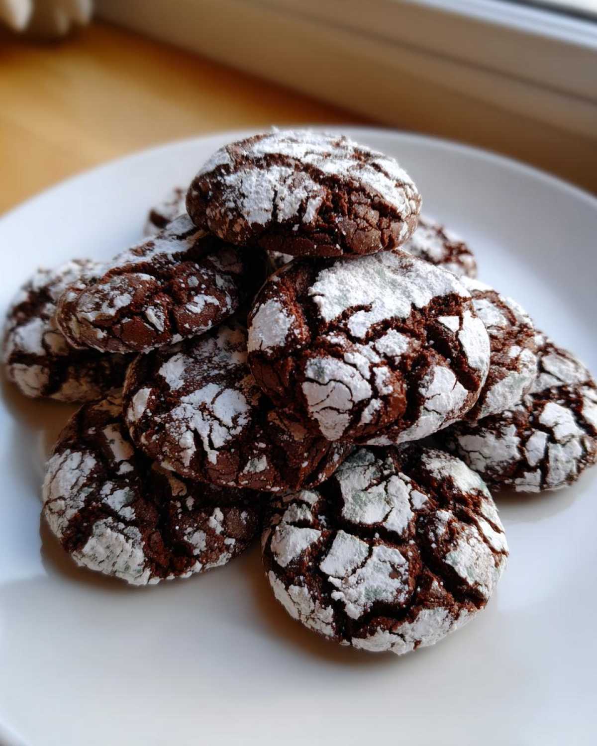 A close-up stack of rich, dark Mexican Chocolate Crinkle Cookies heavily dusted with white powdered sugar.