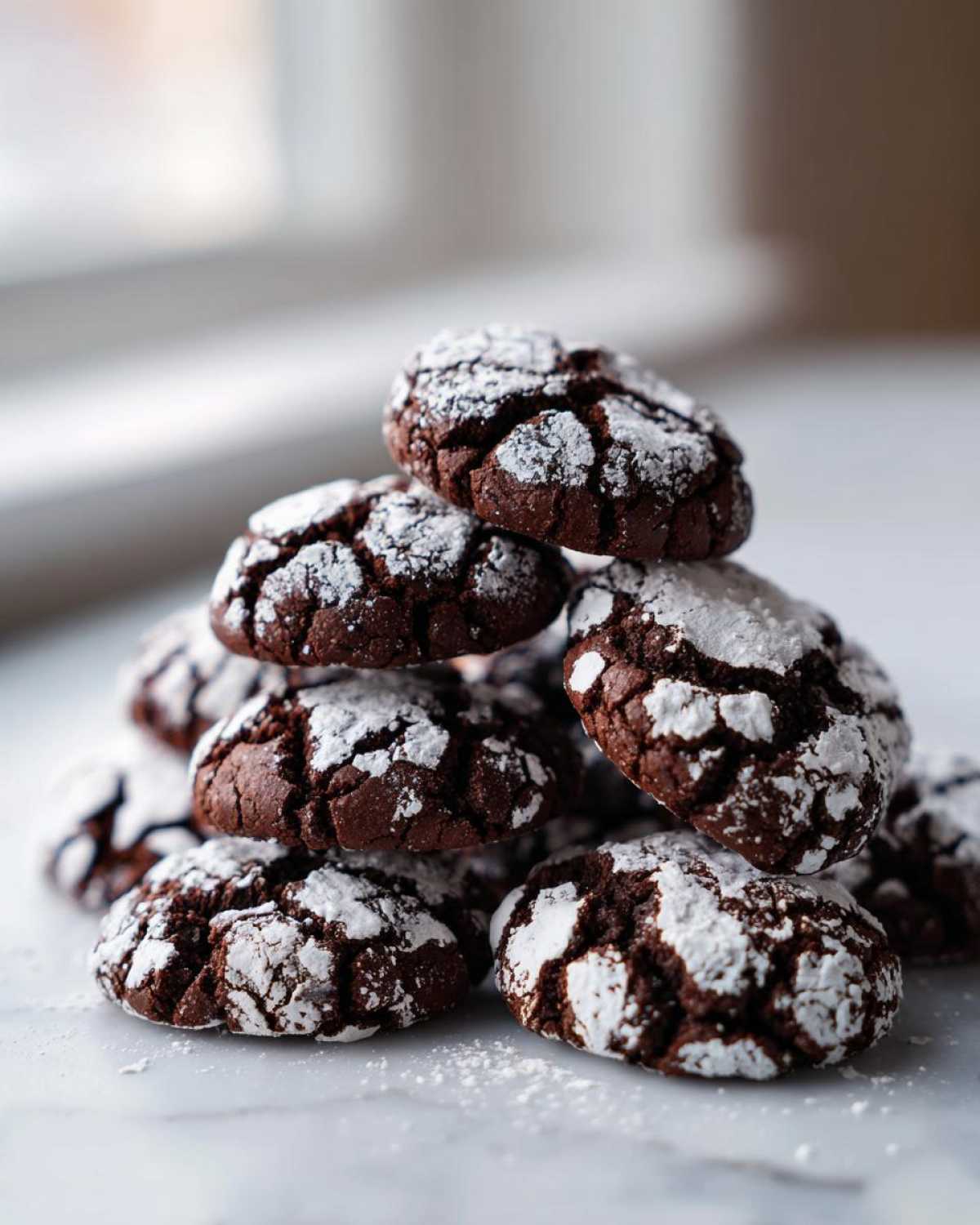 A close-up stack of rich, dark Mexican Chocolate Crinkle Cookies heavily dusted with white powdered sugar.