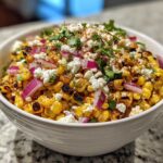 Close-up of Mexican Street Corn Salad Elote Style with charred corn, cotija cheese, red onion, and cilantro.