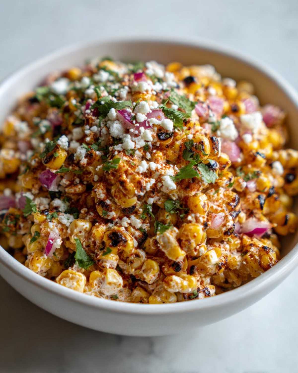 A white bowl filled with vibrant Mexican Street Corn Salad Elote Style, topped with cotija cheese and cilantro.