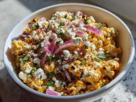 A bowl filled with vibrant Mexican Street Corn Salad Elote Style, topped generously with cotija cheese, red onion, and cilantro.