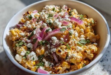A bowl filled with vibrant Mexican Street Corn Salad Elote Style, topped generously with cotija cheese, red onion, and cilantro.