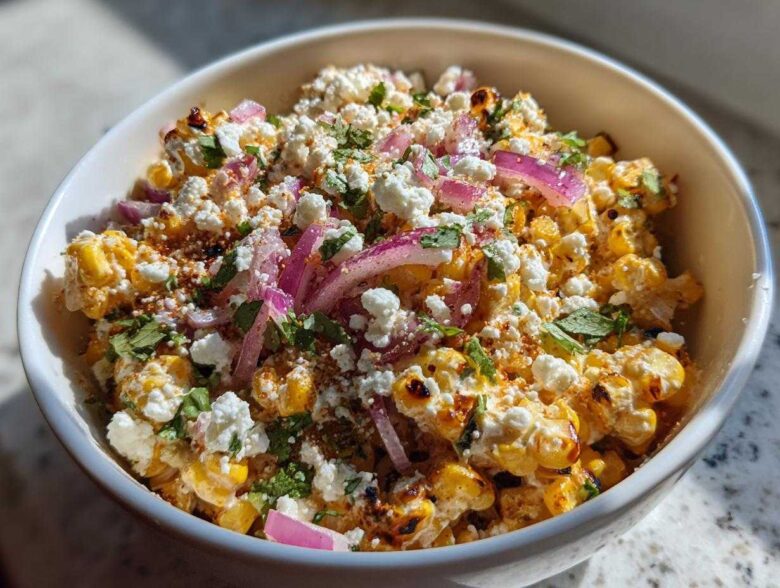 A bowl filled with vibrant Mexican Street Corn Salad Elote Style, topped generously with cotija cheese, red onion, and cilantro.