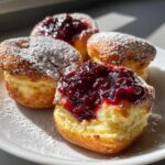 Close-up of four golden Mini Dutch Baby Pancakes topped with dark berry compote and powdered sugar.