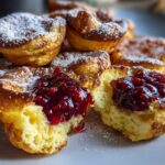 Close-up of fluffy Mini Dutch Baby Pancakes dusted with powdered sugar, one split open with rich berry compote filling.