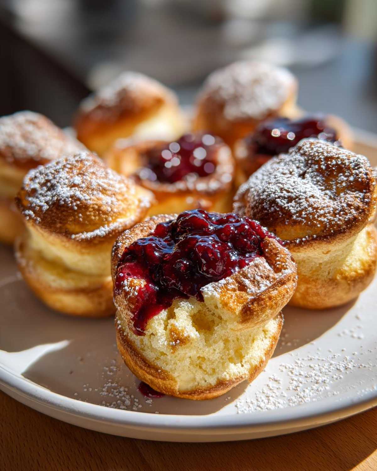 A plate of golden brown Mini Dutch Baby Pancakes topped with dark berry compote and powdered sugar.