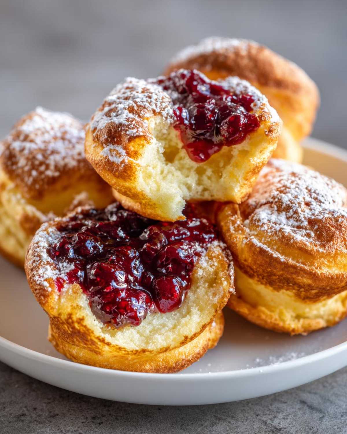 Close-up of fluffy Mini Dutch Baby Pancakes topped with rich berry compote and powdered sugar.