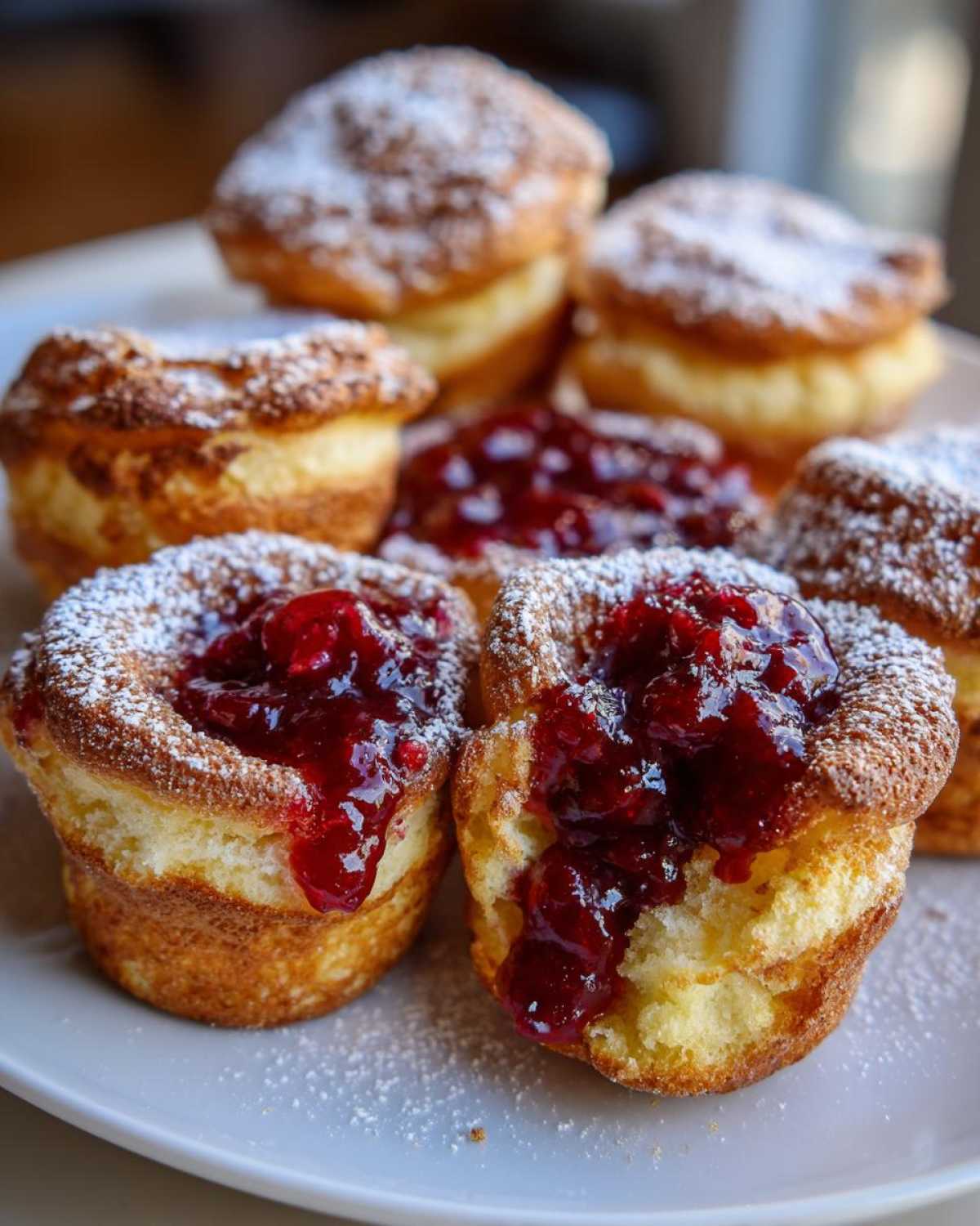 Close-up of several golden Mini Dutch Baby Pancakes topped with bright red berry compote and dusted with powdered sugar.