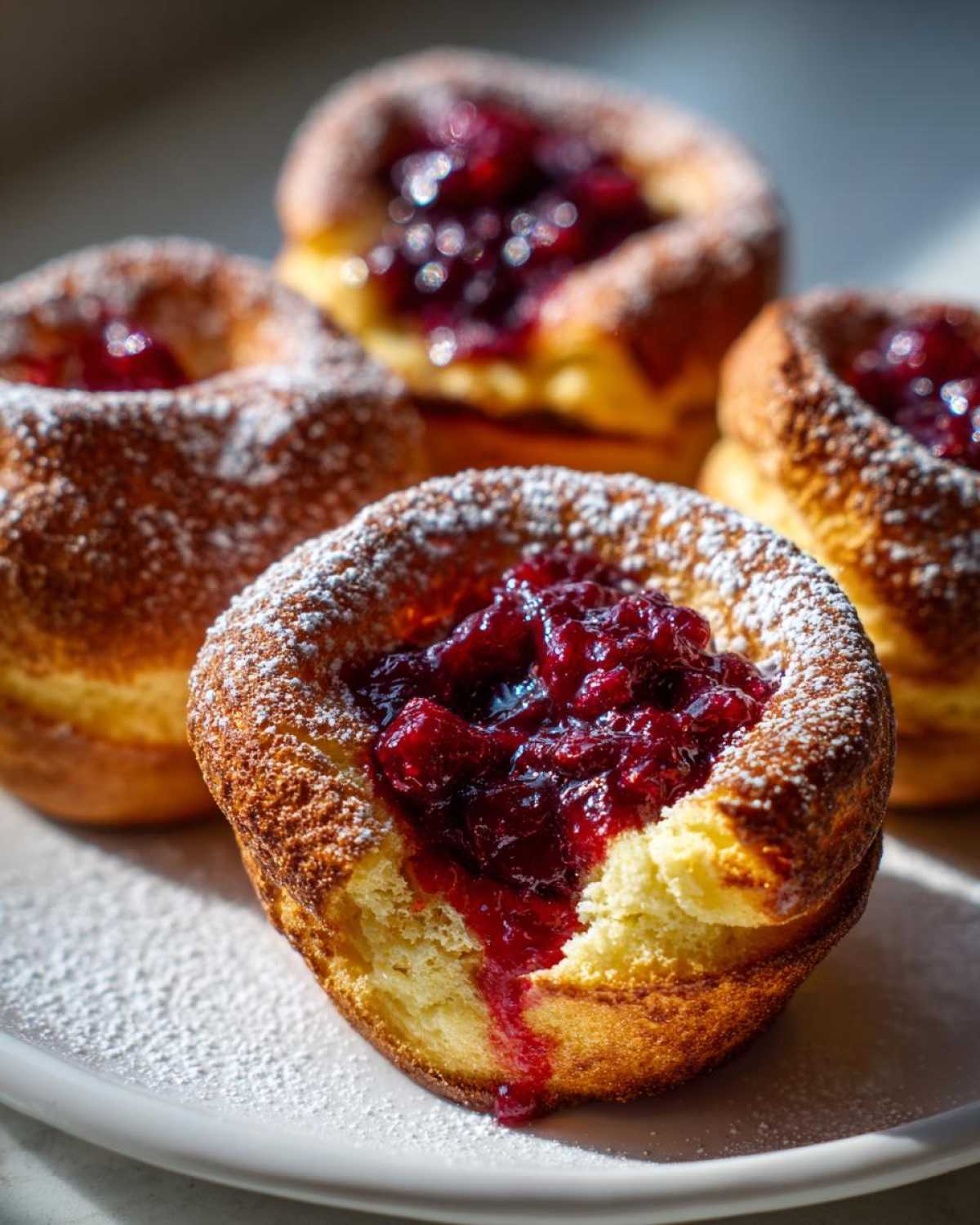 Four golden Mini Dutch Baby Pancakes topped with rich berry compote and powdered sugar.