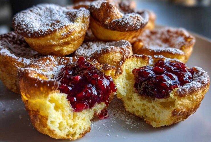 Close-up of fluffy Mini Dutch Baby Pancakes dusted with powdered sugar, one split open with rich berry compote filling.