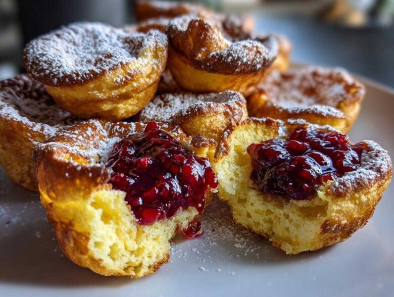 Close-up of fluffy Mini Dutch Baby Pancakes dusted with powdered sugar, one split open with rich berry compote filling.