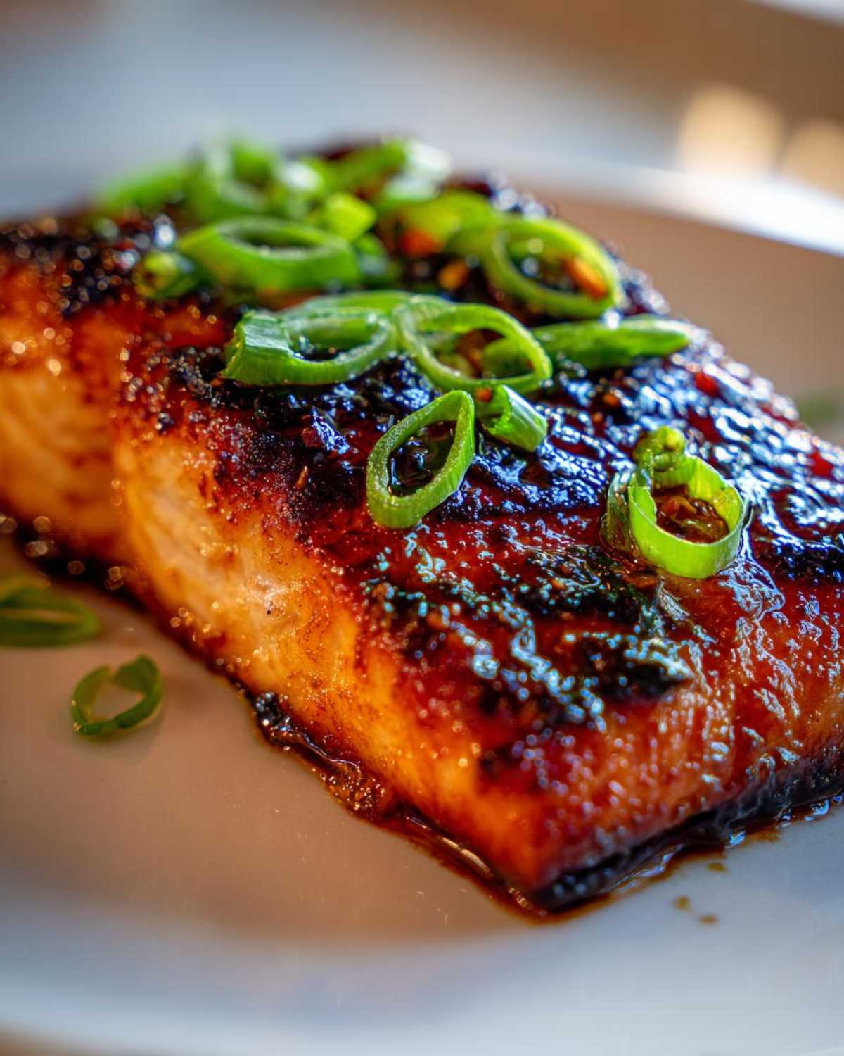 A close-up of a perfectly cooked fillet of Miso Glazed Salmon with Scallions, featuring a dark, glossy glaze.
