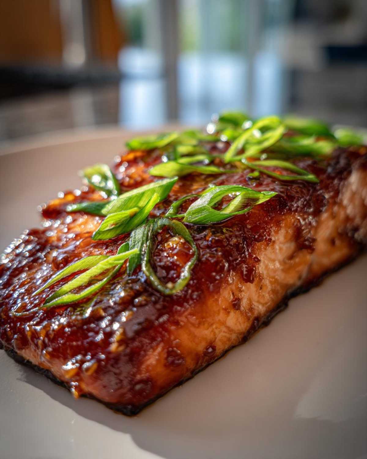 Close-up of a perfectly cooked Miso Glazed Salmon with Scallions, featuring a rich, dark glaze and bright green toppings.