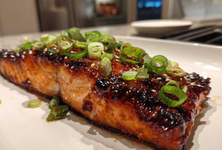 A perfectly cooked fillet of Miso Glazed Salmon with Scallions, featuring a dark, shiny glaze and topped with fresh green scallion rings.