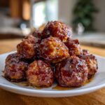 A close-up stack of moist Teriyaki Chicken Meatballs generously coated in a thick, glossy teriyaki glaze.