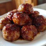 A pile of moist Teriyaki Chicken Meatballs coated in a thick, glossy brown glaze on a white plate.