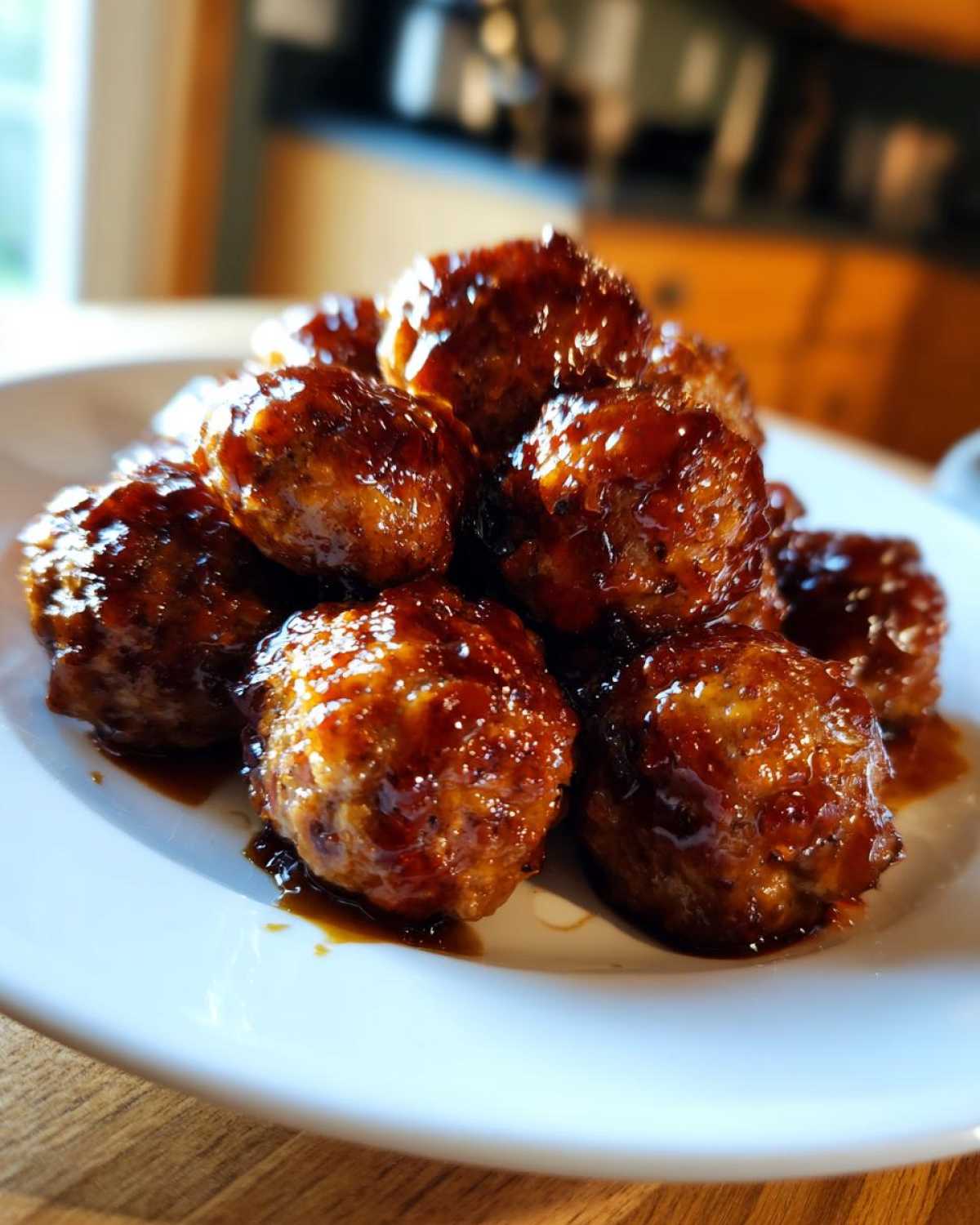 Close-up of a pile of moist Teriyaki Chicken Meatballs coated in a thick, glossy brown glaze.