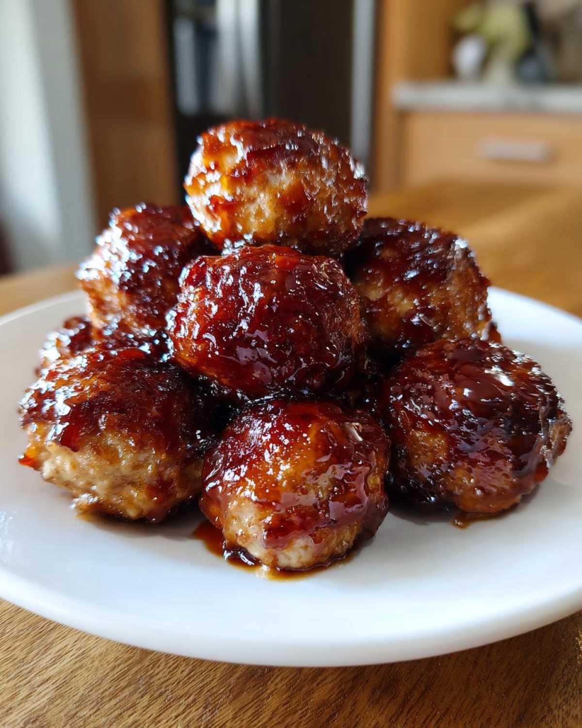 Close-up of moist Teriyaki Chicken Meatballs glazed with a thick, shiny teriyaki sauce, piled on a white plate.