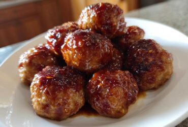 A pile of moist Teriyaki Chicken Meatballs coated in a thick, glossy brown glaze on a white plate.