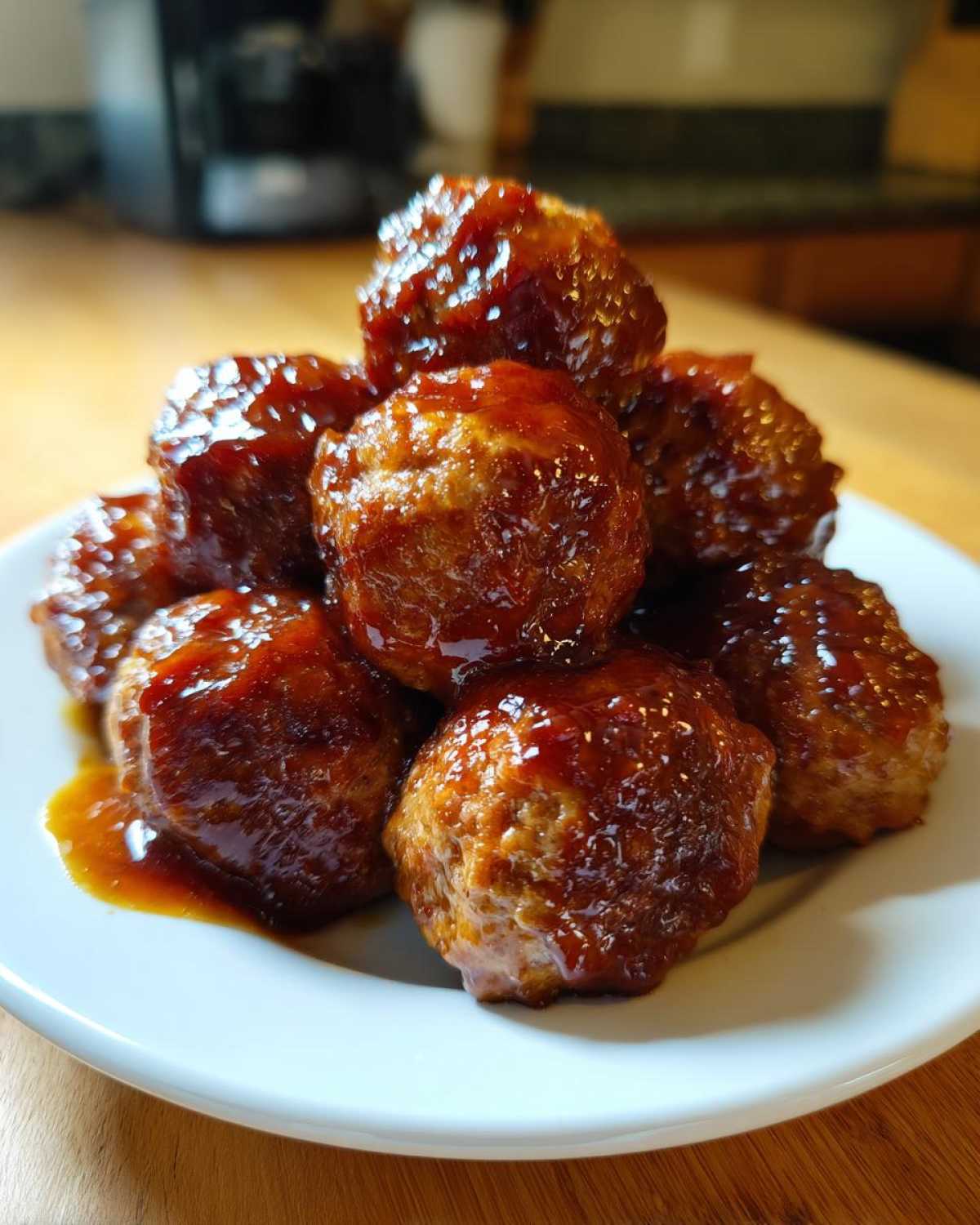 A close-up stack of moist Teriyaki Chicken Meatballs glistening with a thick, dark teriyaki glaze on a white plate.