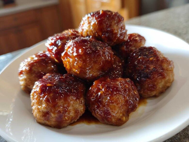 A pile of moist Teriyaki Chicken Meatballs coated in a thick, glossy brown glaze on a white plate.