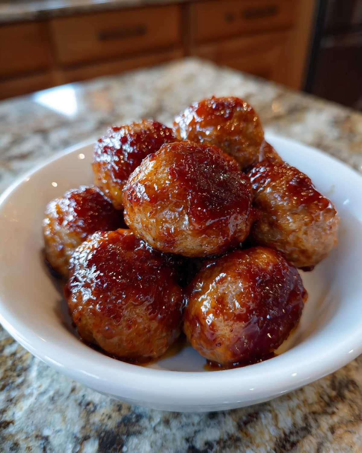 A close-up of several moist Teriyaki Chicken Meatballs coated in a thick, glossy teriyaki glaze served in a white bowl.