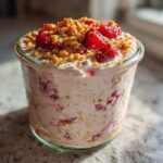 A serving of No-Bake Strawberry Cheesecake Overnight Oats topped with fresh strawberries and graham cracker crumbs in a glass jar.