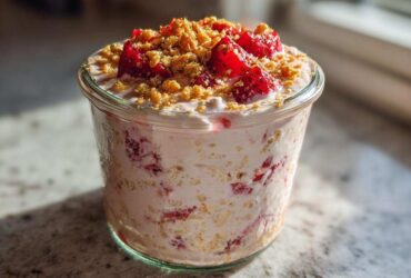 A serving of No-Bake Strawberry Cheesecake Overnight Oats topped with fresh strawberries and graham cracker crumbs in a glass jar.