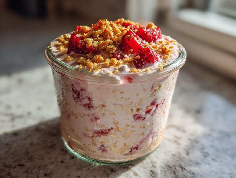 A serving of No-Bake Strawberry Cheesecake Overnight Oats topped with fresh strawberries and graham cracker crumbs in a glass jar.