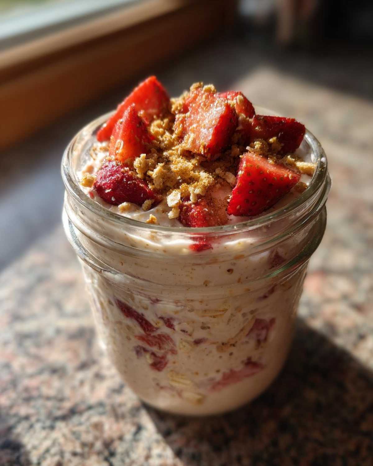 Close-up of No-Bake Strawberry Cheesecake Overnight Oats topped with fresh strawberries and graham cracker crumbs in a glass jar.