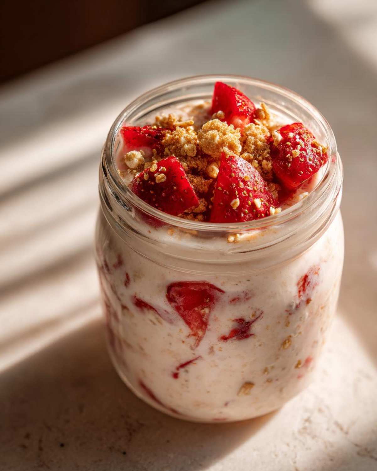 Close-up of No-Bake Strawberry Cheesecake Overnight Oats topped with fresh strawberries and graham cracker crumbs in a glass jar.