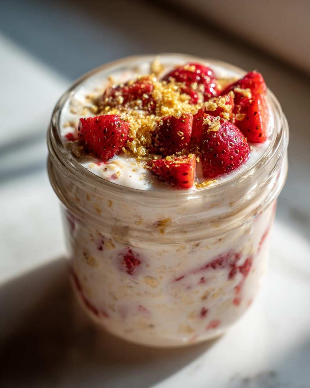 Close-up of No-Bake Strawberry Cheesecake Overnight Oats layered with cream and topped with fresh strawberries and graham cracker crumbs.