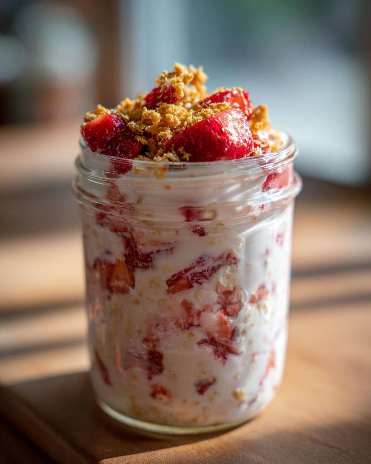 Close-up of No-Bake Strawberry Cheesecake Overnight Oats layered with strawberries and topped with crumbs in a glass jar.