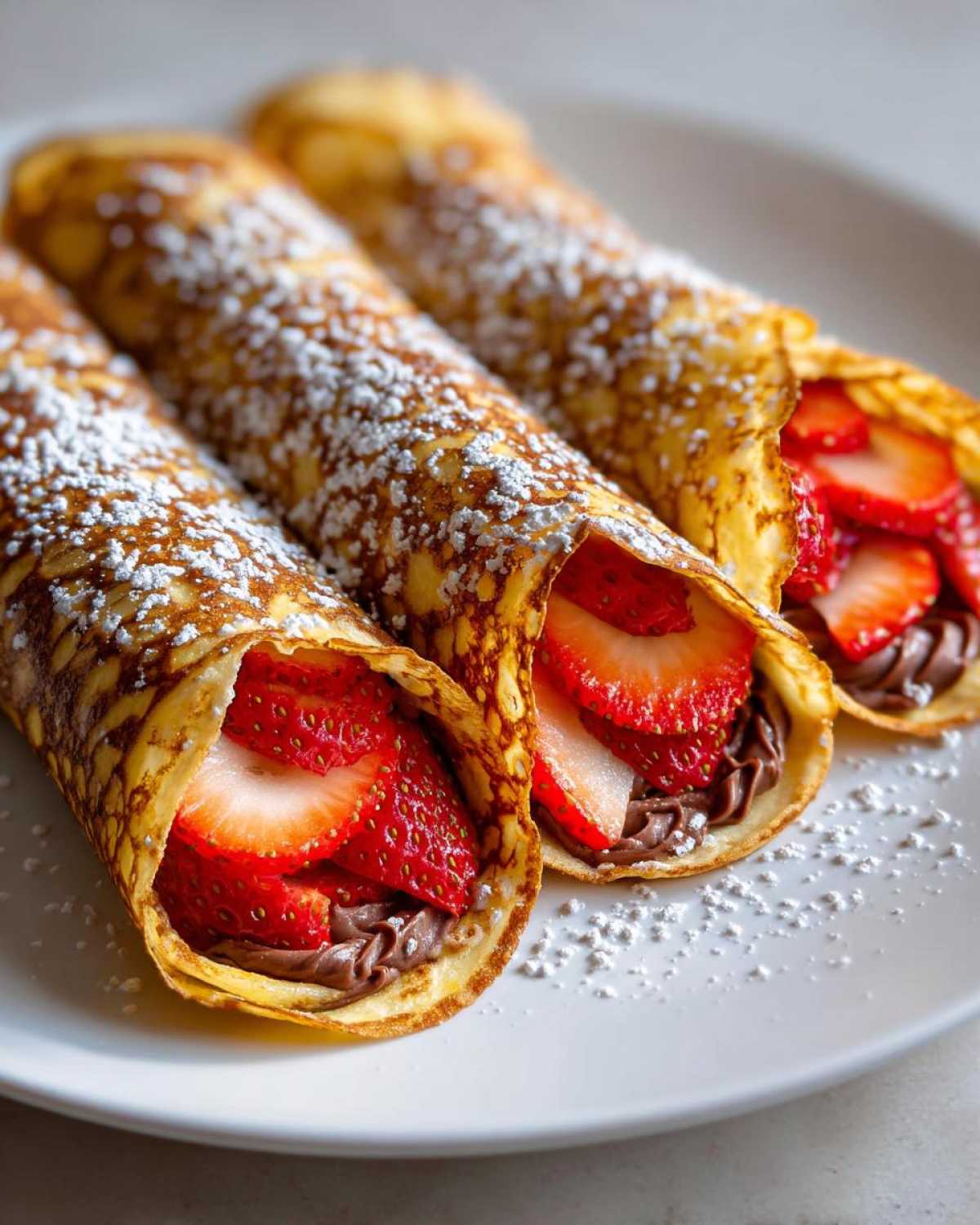 Close-up of three freshly made Nutella Strawberry Crepe Rollups dusted with powdered sugar on a white plate.